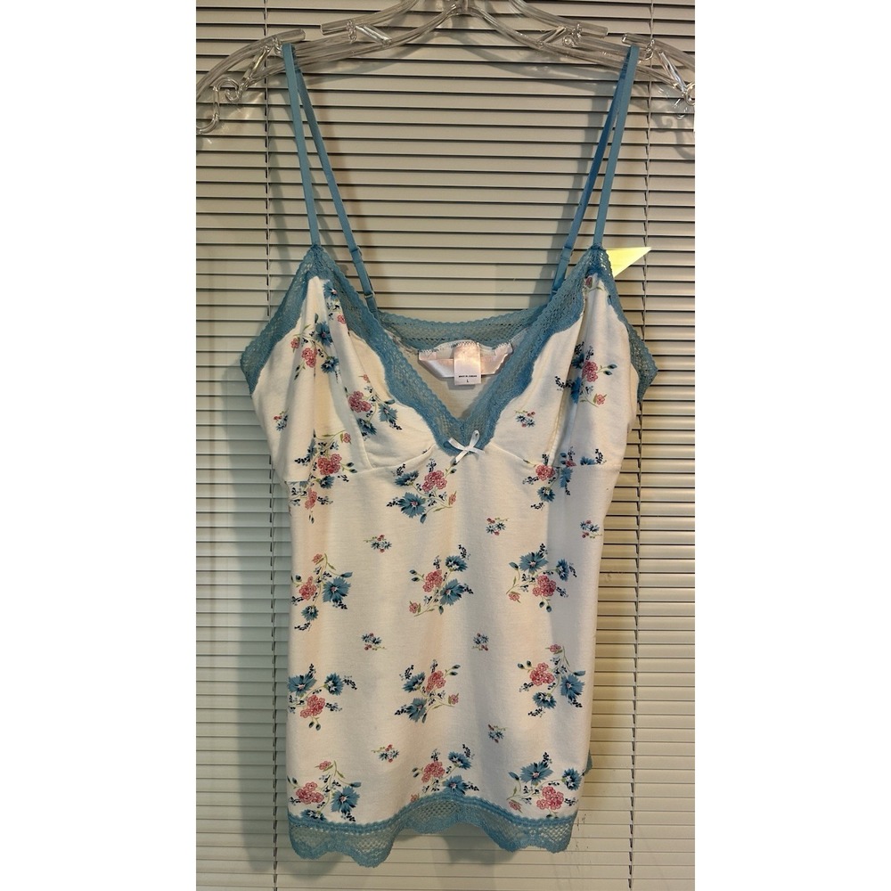 Victoria's Secret Angels Floral Lace Trim Camisole Top White Blue Pink Size L